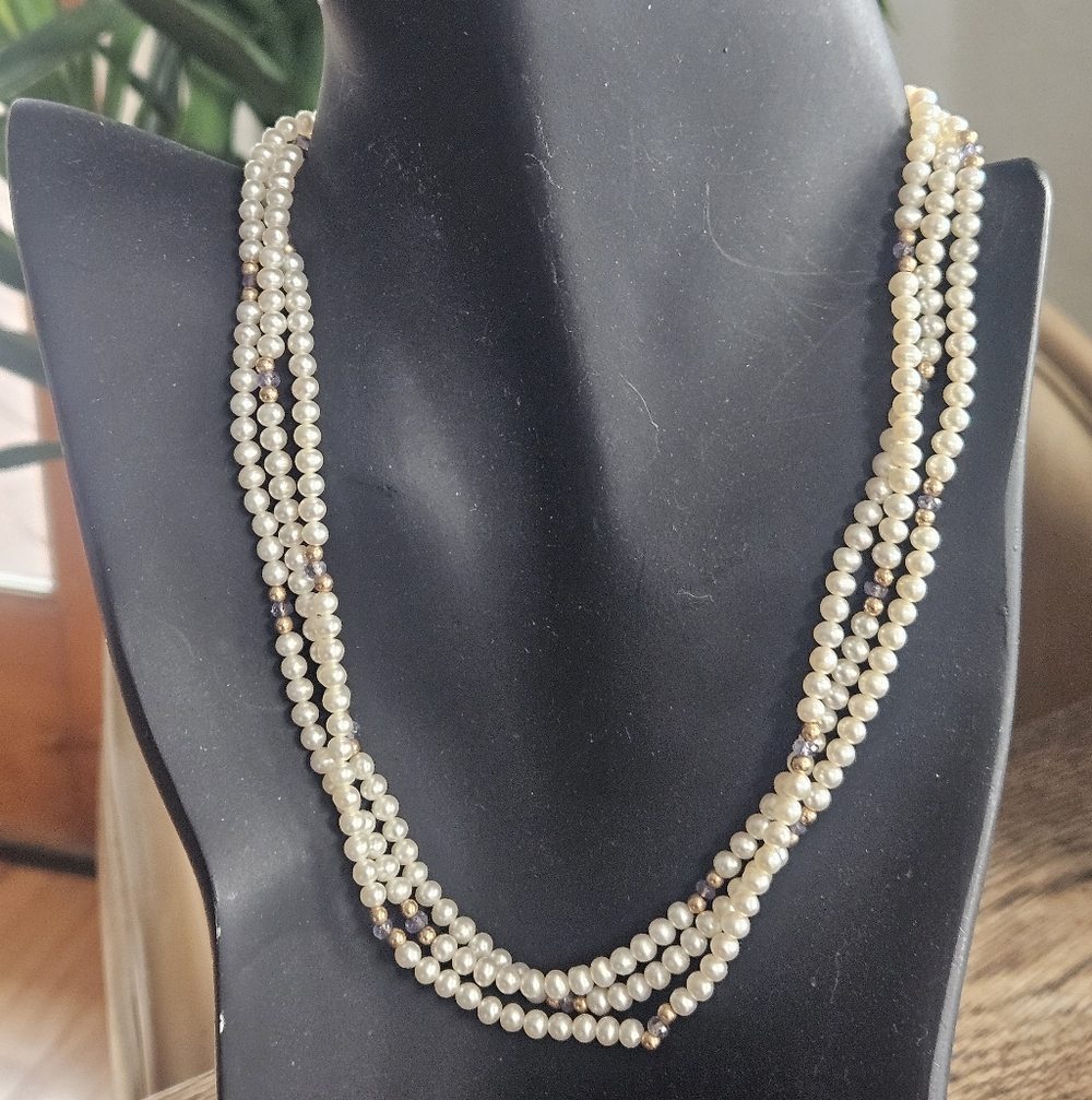 Elegant 17" 14k Yellow Gold 3 Strand White Pearl Necklace Amethyst Accents - Picture 2 of 5